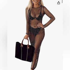 Sheer mesh pearl and rhinestone bikini coverup